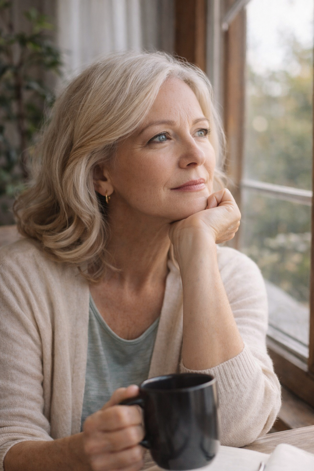 white woman looking out the window